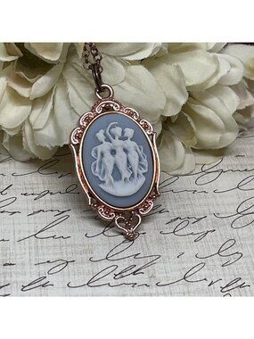 Rose Gold Victorian Cameo 3 graces muses muse Dancers necklace Blue Whit Jewelry